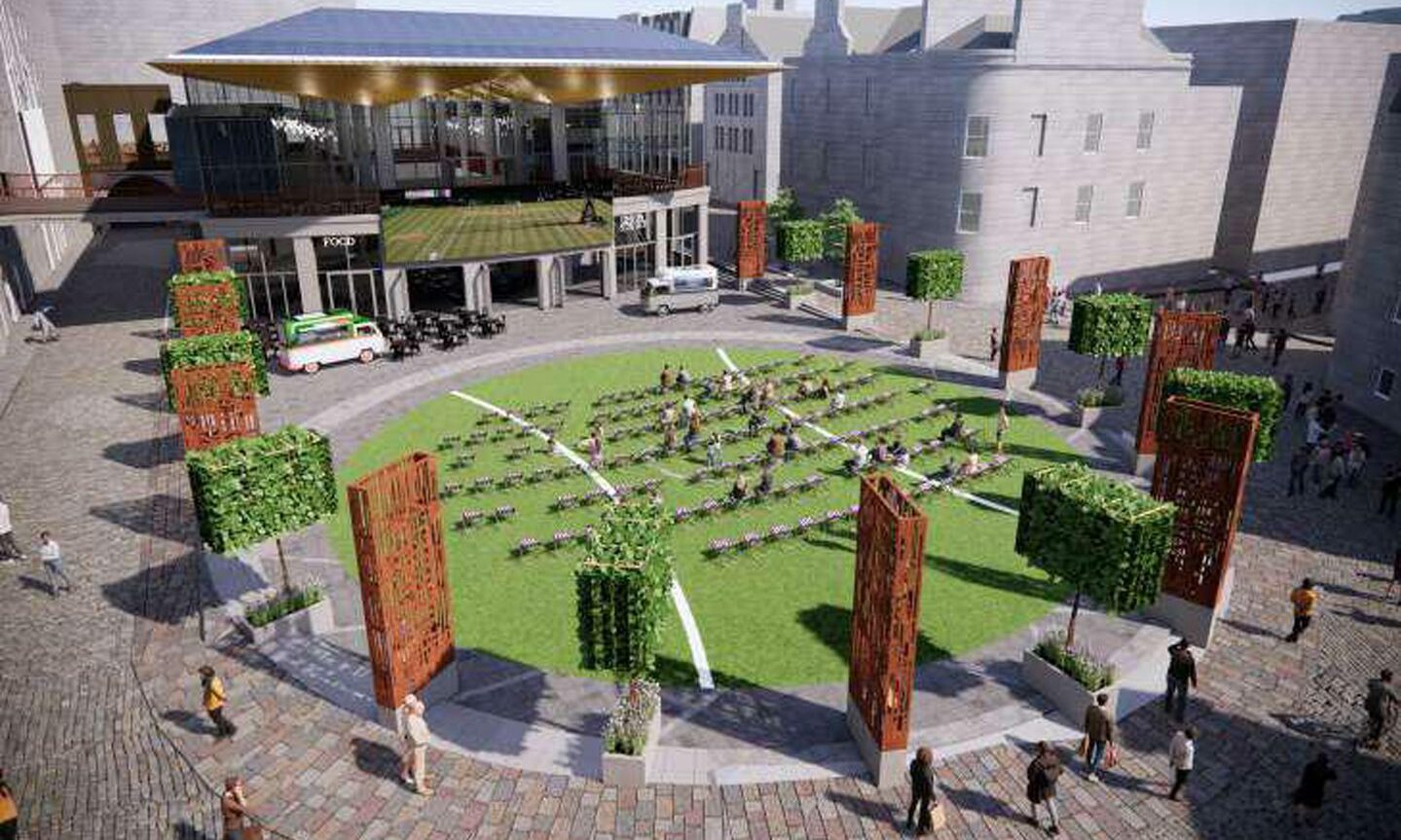 An artist's impression of a large outdoor events area at The Green, with rows of seating for event and a large temporary screen.