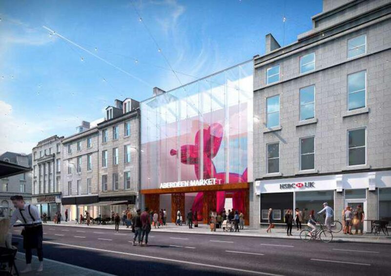 An impression of the new Aberdeen market at 91-93 Union Street with a glass front and a sculpture of a balloon dog on display inside. 