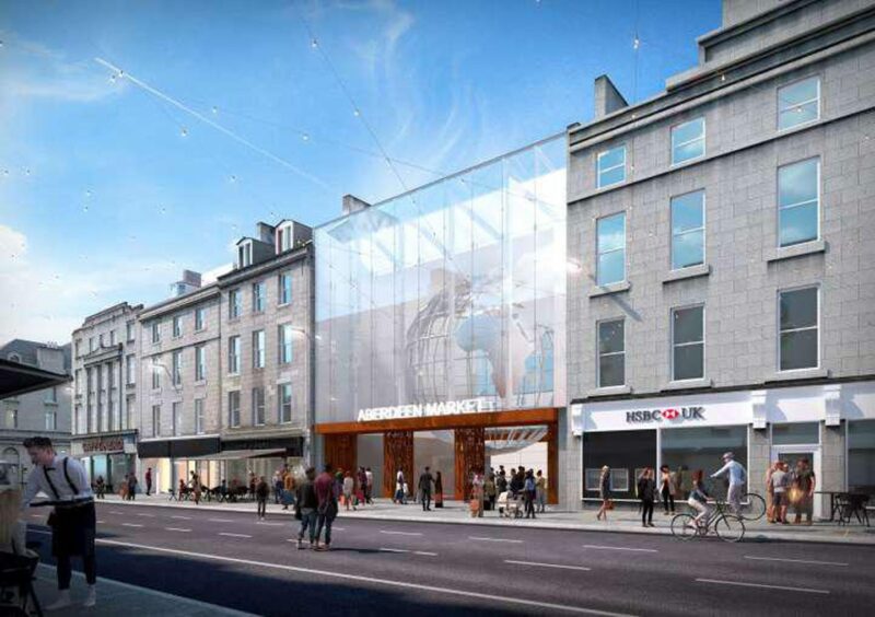 An impression of the new Aberdeen market at 91-93 Union Street with a glass front and a giant metal globe on display inside. 