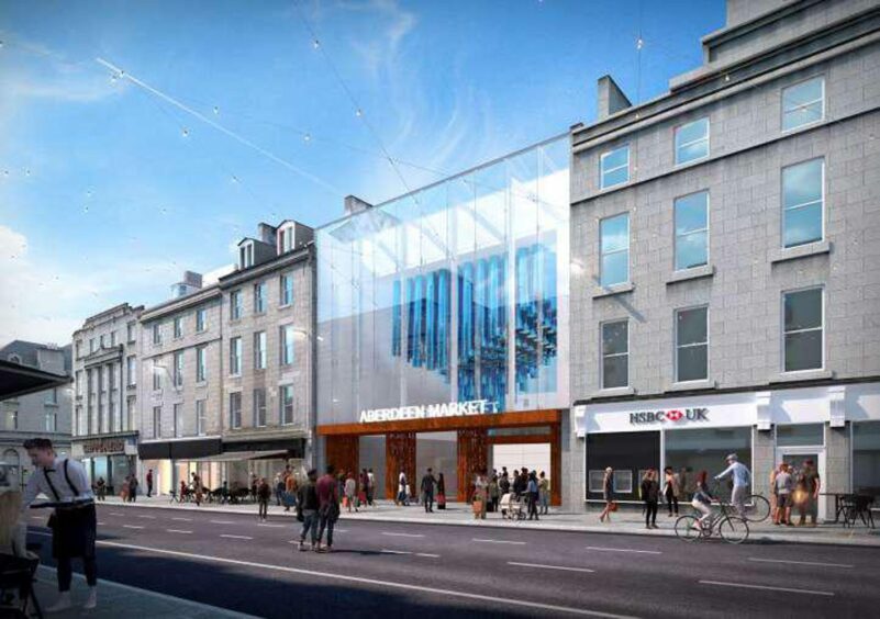 An impression of the new Aberdeen market at 91-93 Union Street with a glass front and a sculpture on display inside. 