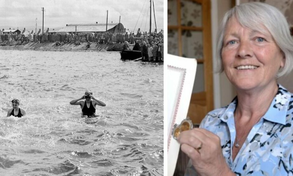 Pat Ireland, right, received a medal after taking on the Kessock Swim aged just seven years old. To the left is an archive photo of a swim from 1954. Image: Highland Photographic Archive/DC Thomson