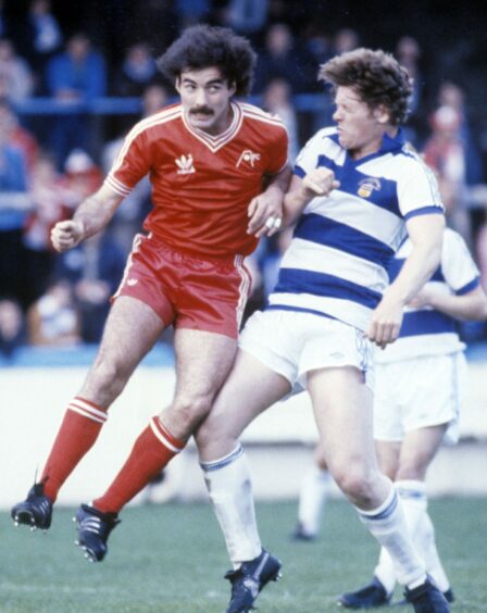 Willie Miller in the red Adidas home kit introduced for the Premier Division title win of 1979/80.