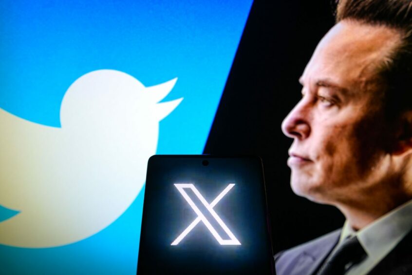 Elon Musk with a photo of the twitter logo and the new X logo