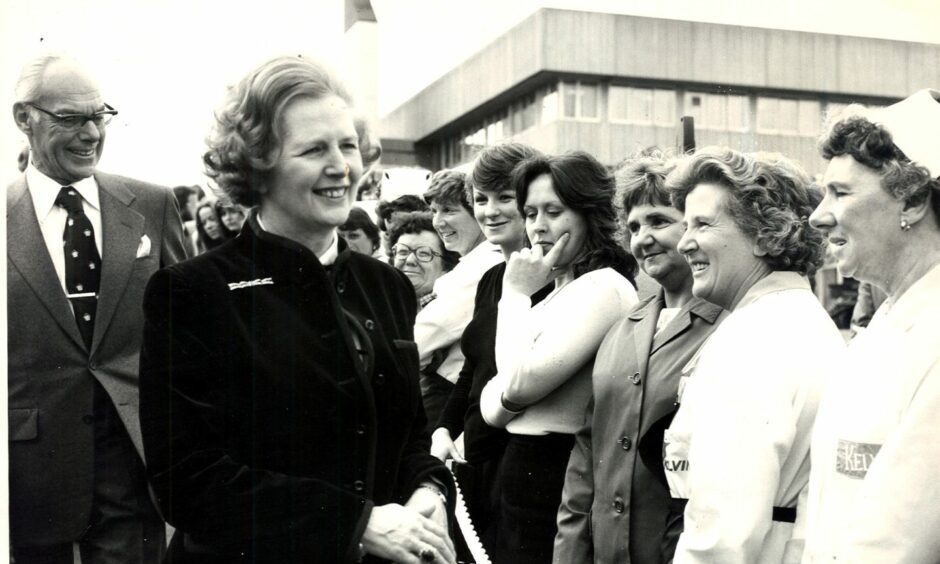 Premier Margaret Thatcher with her husband at the opening of the Shell/ Expro £30,000,000 complex at Tullos in 1979.
