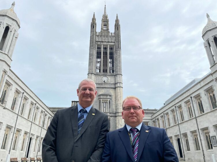 Aberdeen City Council resources director Steve Whyte and chief finance officer Jonathan Belford in the Marischal Quad. Image: Ben Hendry/DC Thomson