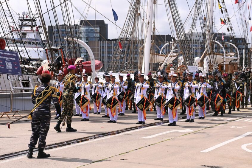 The crew of the Bima Suci entertaining visitors in Aberdeen on Saturday ahead of the Tall Ship Races 2023.
