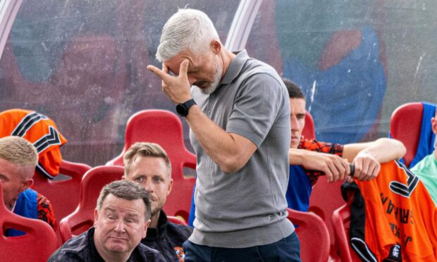 Dundee United manager Jim Goodwin had a miserable afternoon at Ainslie Park when his side lost against Spartans in the Viaplay Cup. Image: SNS