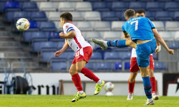 Charlie Gilmour lets fly to score his first goal in the 3-2 defeat against Airdrieonians. Image: SNS.