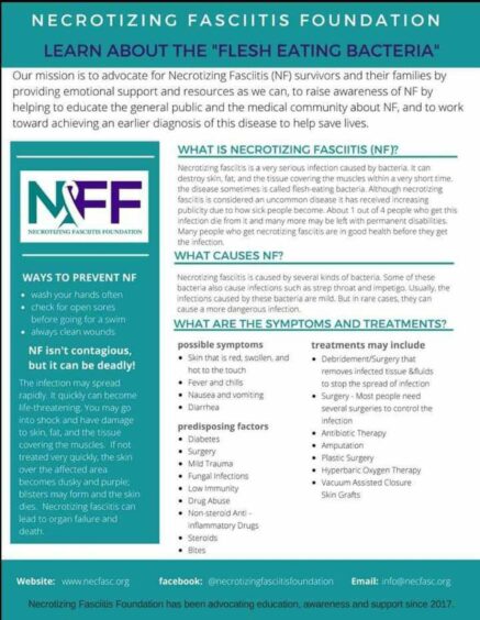 Poster from Necrotising Fasciitis Foundation with information about the flesh-eating disease, including what it is, causes, symptoms and treatments.