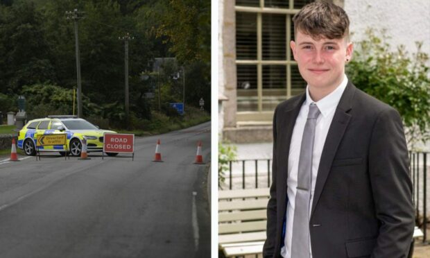 Side by side of South Deeside Road closed sign and photo of Ben Taylor