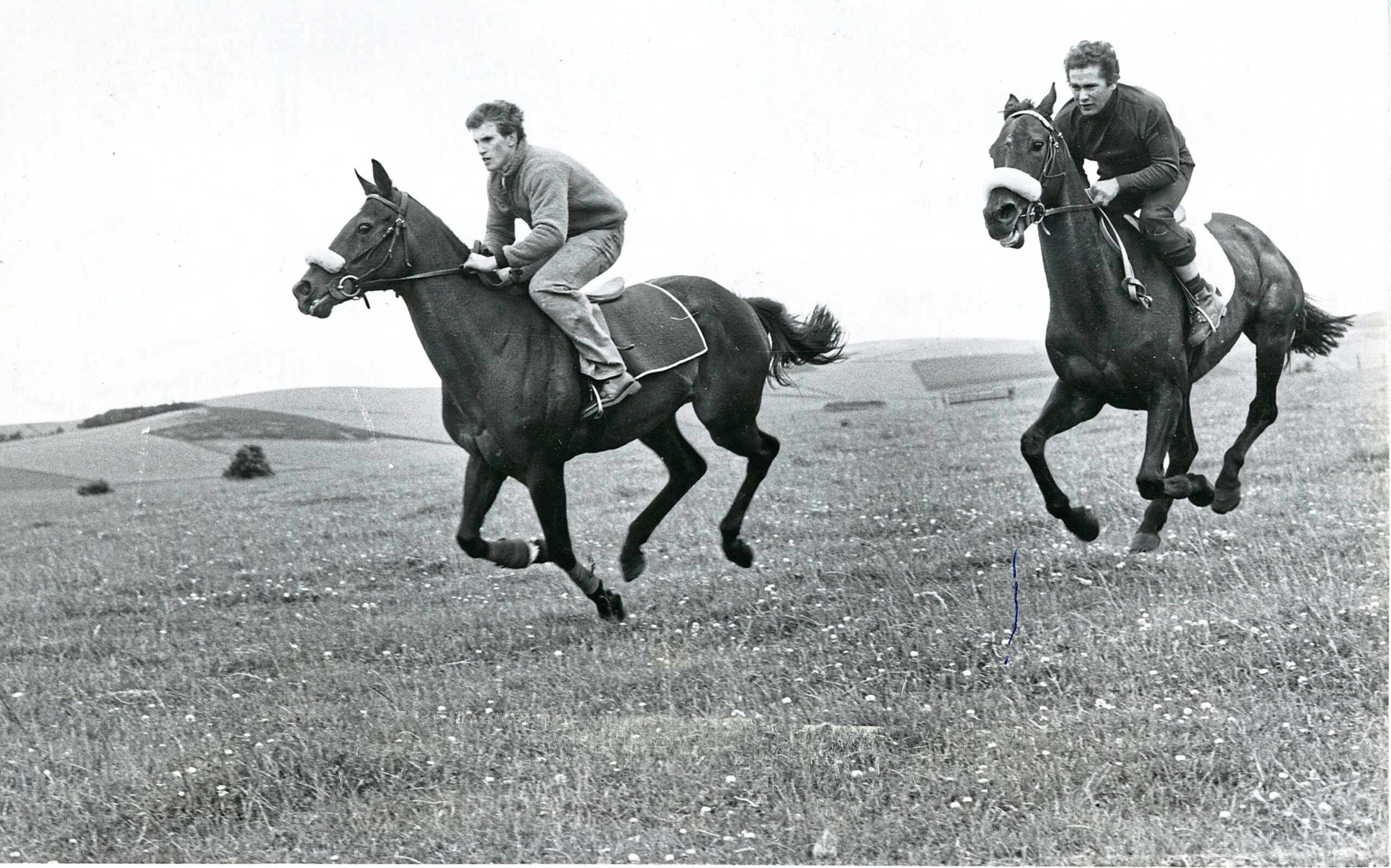 Two men riding horses at Inches Races in 1981.