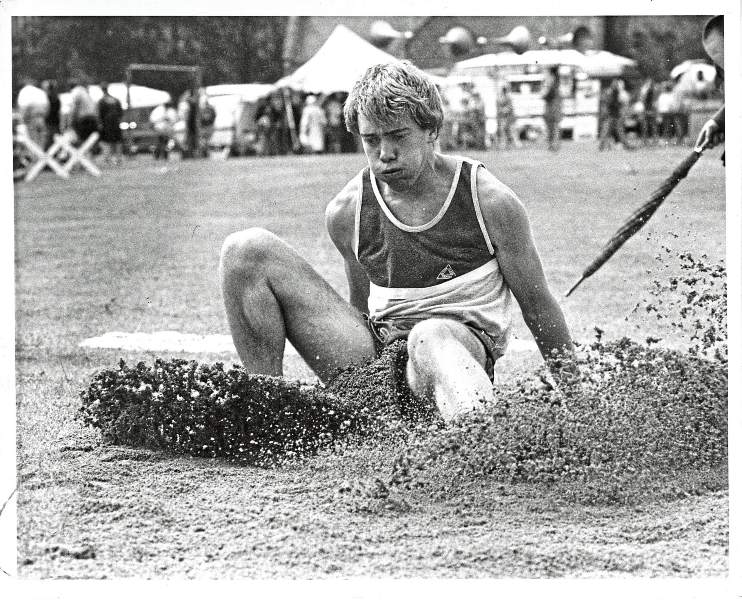 Stephen Thomas, from Torphins, making a big splash in the long leap sand pit in 1988.