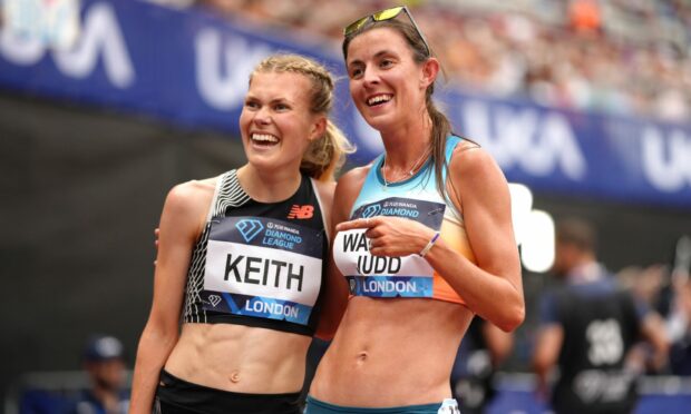 Megan Keith and Jessica Warner-Judd of Great Britain after the women's 5000m in London. Image: PA.