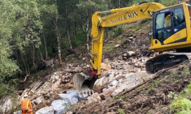 The B863 was left impassable by landslides. Image: Highland Council.