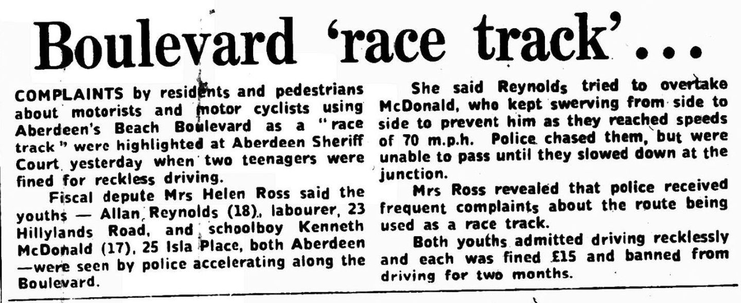 An article from the Evening Express in 1974 with the headline "Boulevard 'race track'..."