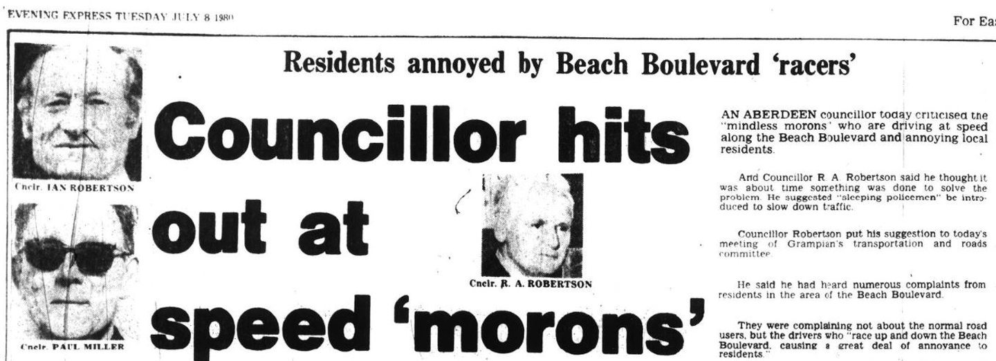 An article from the paper with the headline "Residents annoyed by Beach Boulevard 'racers', Councillor hits out at speed 'morons'"