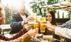 Image of young people cheering with pints of beer. Smiling and the sun is shining.