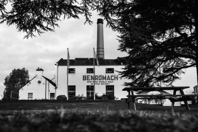 An old black and white image of Benromach Distillery, near Forres. 