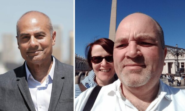 George Alagiah, right, died this week of bowel cancer. In Inverness, Iain Jack is highlighting the importance of early screening. Image: BBC/Bowel Cancer UK