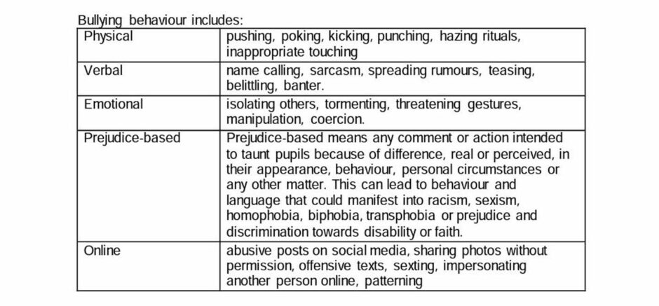 Table outlining the different types of behaviours that would be classed as bullying, for example, 'name calling' is classed as verbal bullying.