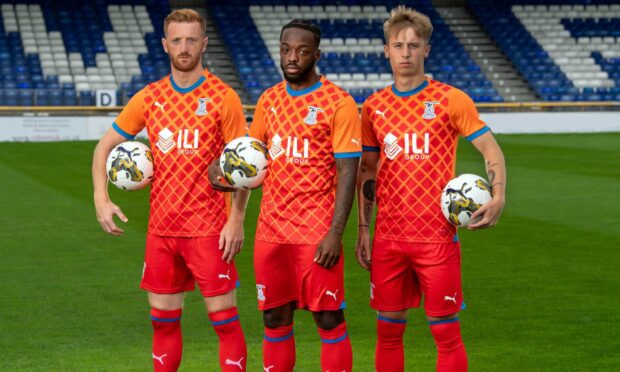 David Carson, Austin Samuels and Adam Brooks model Caley Thistle's new 2023-24 away kit. Image: Inverness Caledonian Thistle FC