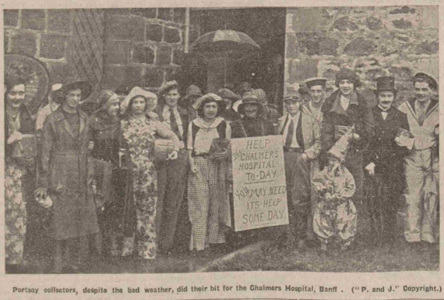 Newspaper clipping from 1932 showing members of the public at a fundraiser for Chalmers Hospital in Banff.