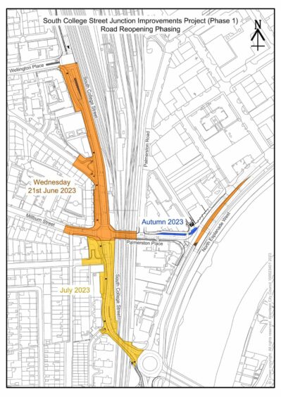 The council's map of the changes as part of its South College Street project. An orange section highlights the upper area of the junction. The yellow section encompasses the lower section that will reopen in July. There is a separate blue section highlighted which will reopen in autumn.