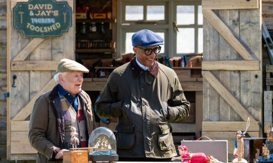 Sir David Jason and Jay Blades were in Cullen filming Touring Toolshed. They are pictured at the craft table. Image: Brian Smith Jasper Image.