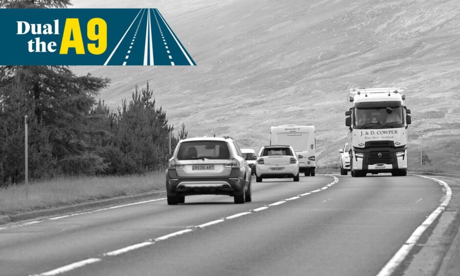 A black and white image of cars and a lorry on the A9 with a "Dual the A9" logo in the top left corner. A9 dualling project