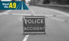 A black and white image of a police accident sign on a closed road with A9 dualling logo in the top left corner