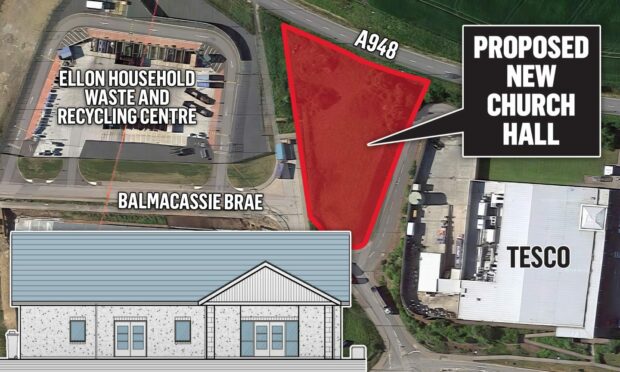 The site of the proposed Ellon church hall along with an artist impression of what it could look like