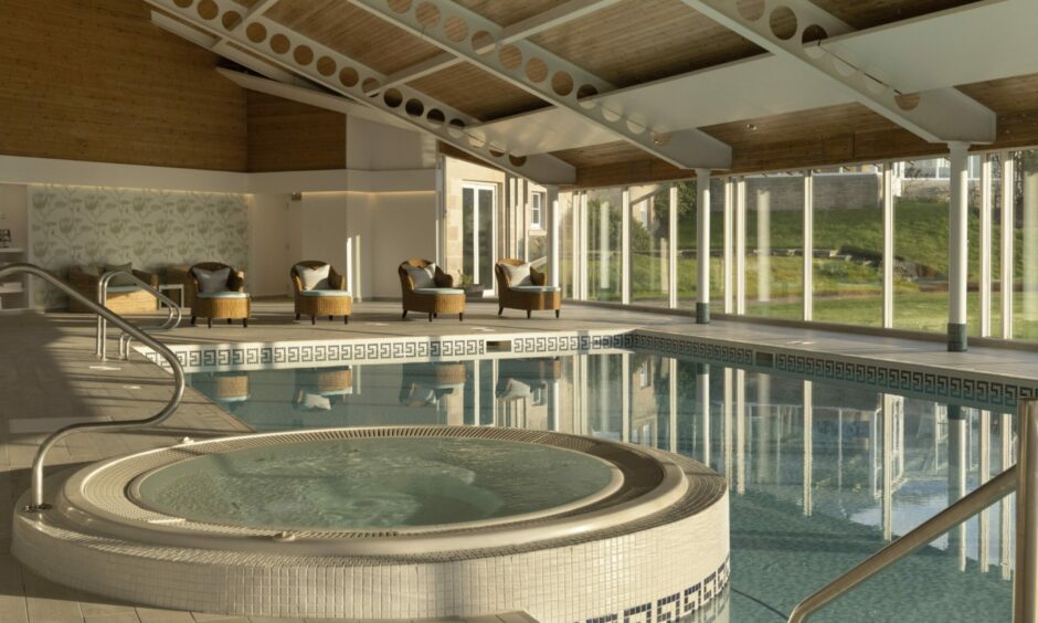 Pool at the Coast Spa with panoramic views of the Nairn seaside.