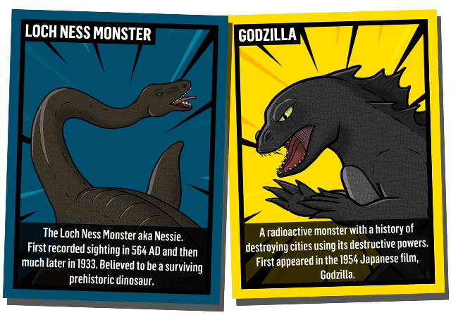 A card with Godzilla on the left and a card with the Loch Ness Monster on the right