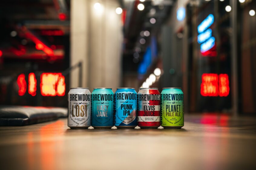 A selection of Brewdog beers: Lost lager, Hazy Jane, Punk IPA, Elvis Juice and Planet Pale Ale