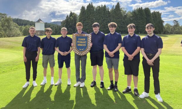Banchory youngsters, from left, Danny Noble, Dylan McKay, Lewis Duncan, Ben Pirie, Lyle Rogie, Rory Shepherd, Flynn Rogie and Fraser Johnstone with the Aberdeen and District Junior Pennant.