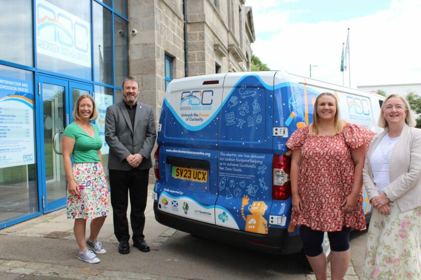 Alison Stuart, NESCAN hub manager, Bryan Snelling, chief executive of Aberdeen Science Centre, Steph McCann, fundraising manager at Aberdeen Science Centre, and Maggie Hepburn, chief executive officer of ACVO, outside Aberdeen Science Centre with the new van
