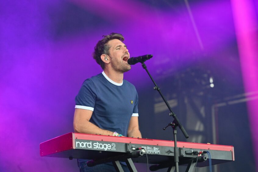 Roy Stride, frontman of Scouting for Girls, during performance at Belladrum 2023 on Saturday.