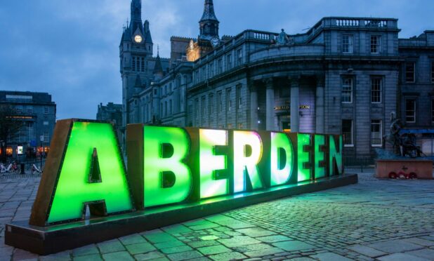 Giant Aberdeen letters in the Castlegate, Aberdeen, looking towards Union Street.
Image: Kami Thomson/DC Thomson.