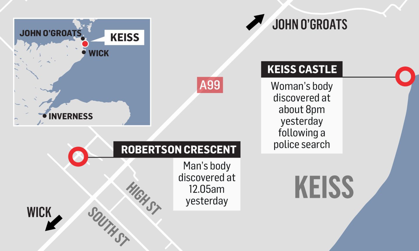 Map of Keiss showling location man's body found on Robertson Crescent and Keiss Castle where woman's body was found. 