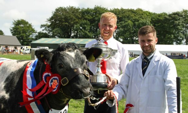 Show president Craig Strachan presents Jack Hendry with the trophy
for his British Blue heifer.