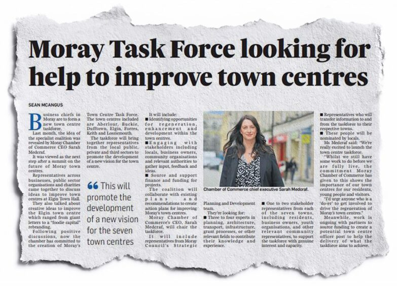 A headline reading "Moray Task Force looking for help to improve town centres"