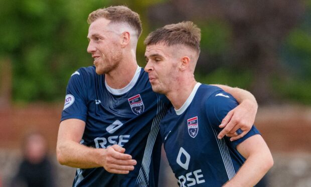 Matthew Wright, right, with Jordan White after scoring three goals against Nairn County in pre-season. Image: Jasperimage.