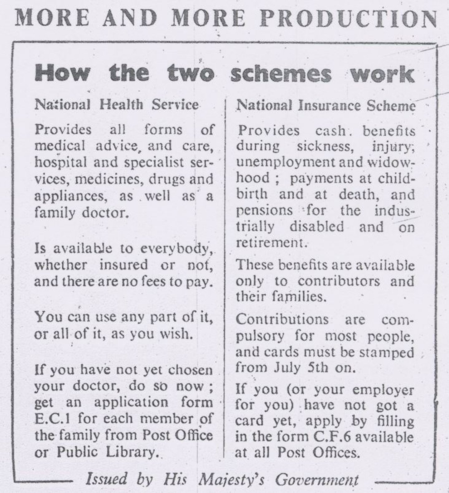Clipping describing how the two schemes - Nation Health Service and National Insurance Scheme - work.