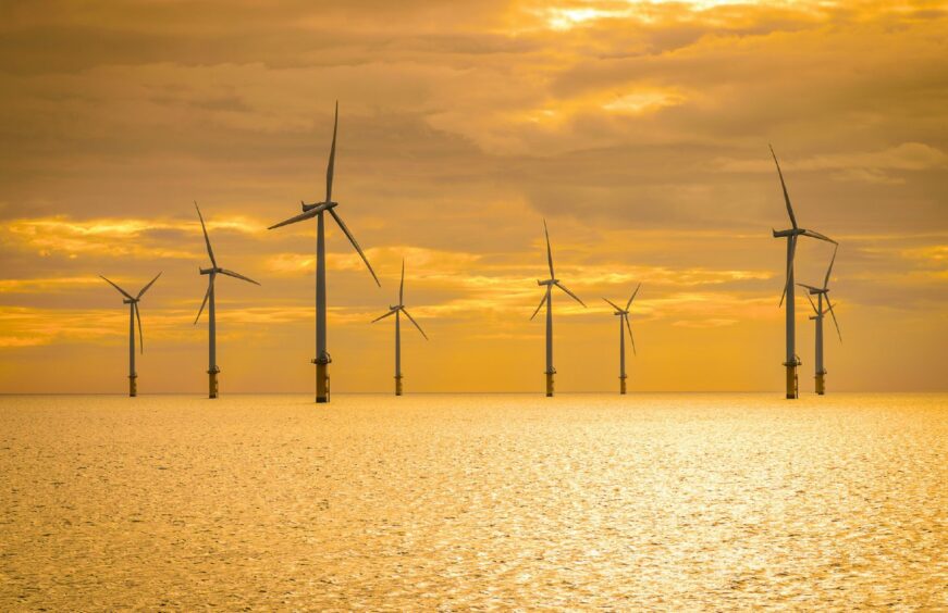 Offshore wind turbines.