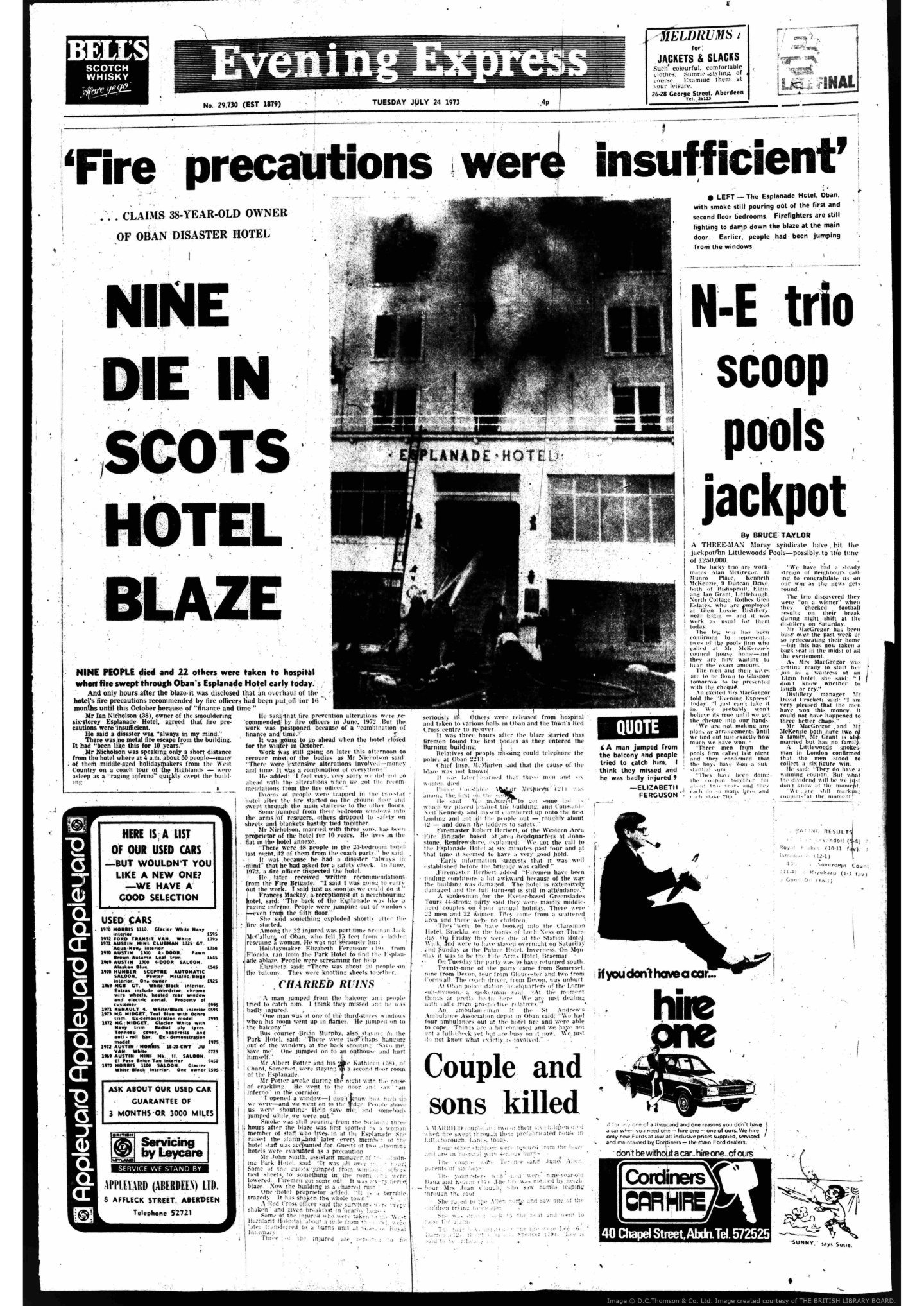 Evening Express newspaper clipping from July 24 1973 covering the fire at the hotel in Oban.