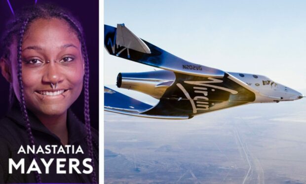 Anastatia Mayers on left and Virgin Galactic space plane on right.