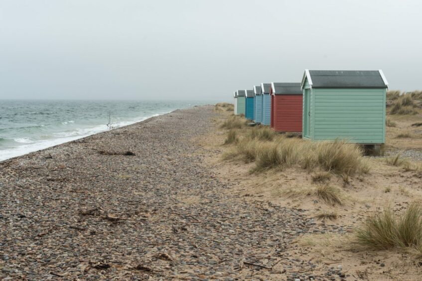 Beach houses at Findhorn beach.