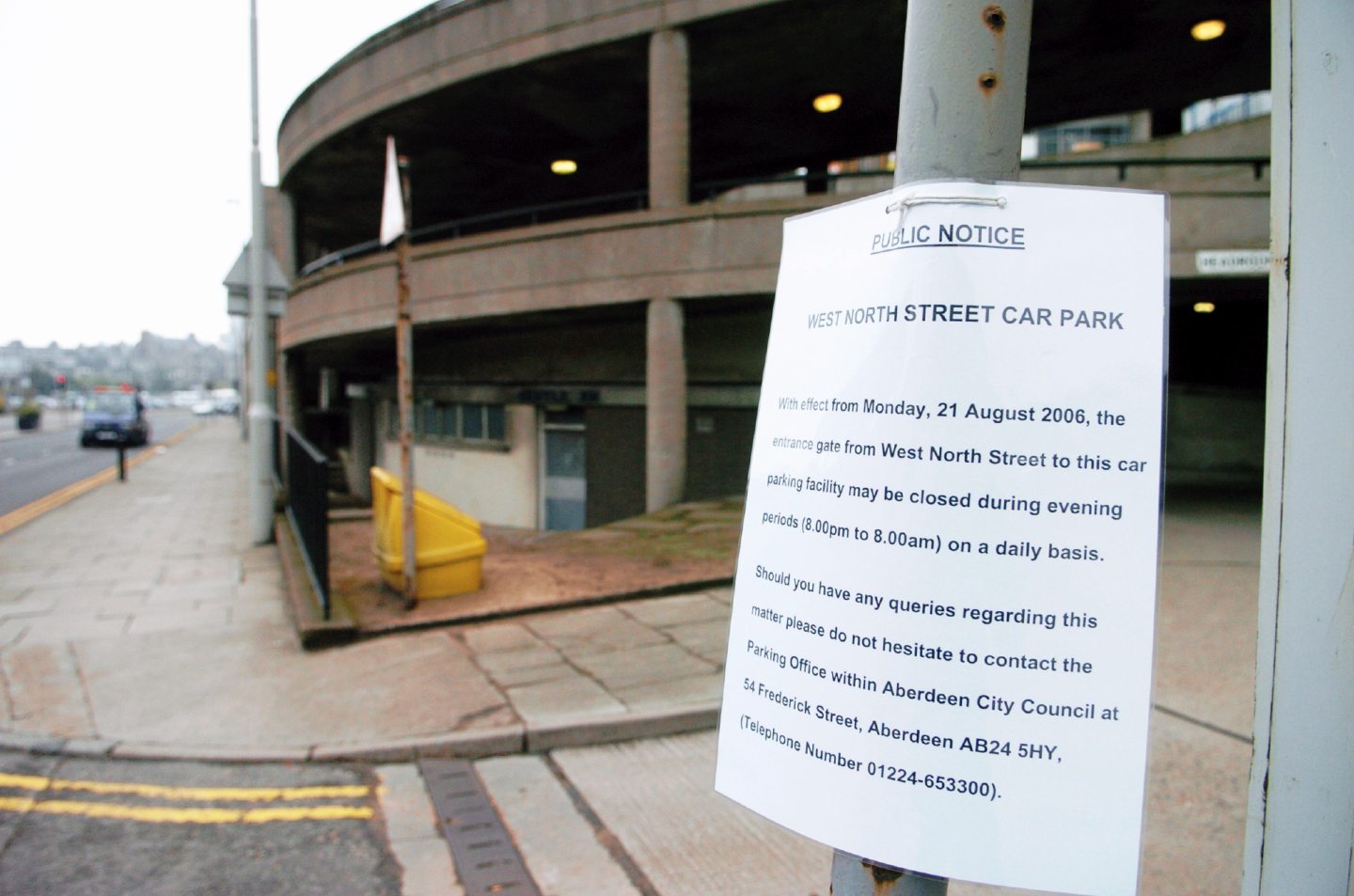 A sign outside West North Street car park explaining the closure of the car park overnight