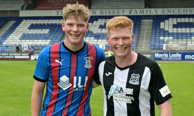Caley Thistle's Ethan Cairns, left, with brother Owen, of Elgin City, who played against one another in Saturday's friendly. 
Image: Sandy McCook/DC Thomson