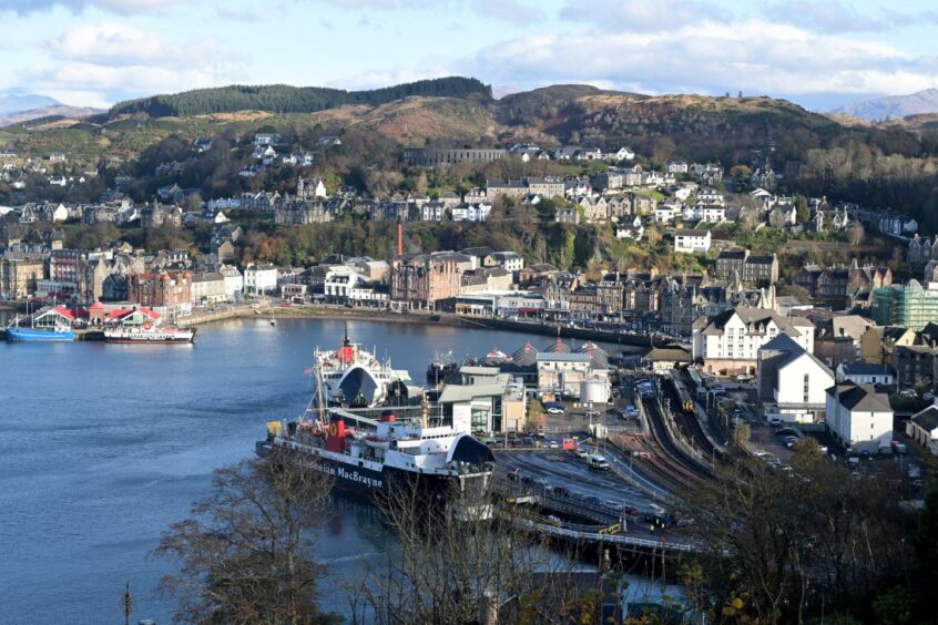 A view overlooking Oban Harbour and town centre.